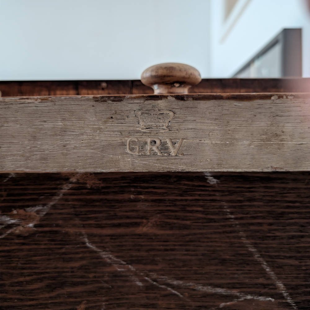 GR V Royal cypher stamp on antique oak furniture